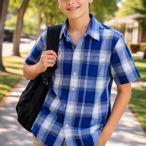 Wrangler Kids Blue and White Plaid Button Down Shirt